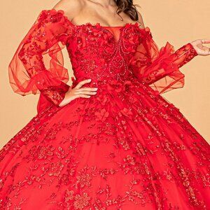 RED Mesh Long Sleeves Quinceanera Dress w/ Detachable Ribbon Mini Bag  GL3071